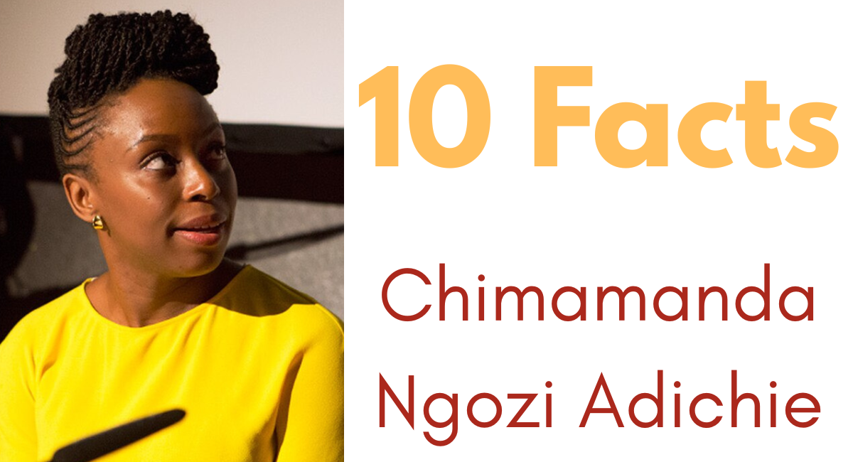 Chimamanda Ngozi Adichie speaking at a literature festival, wearing a patterned headwrap and smiling at the audience.